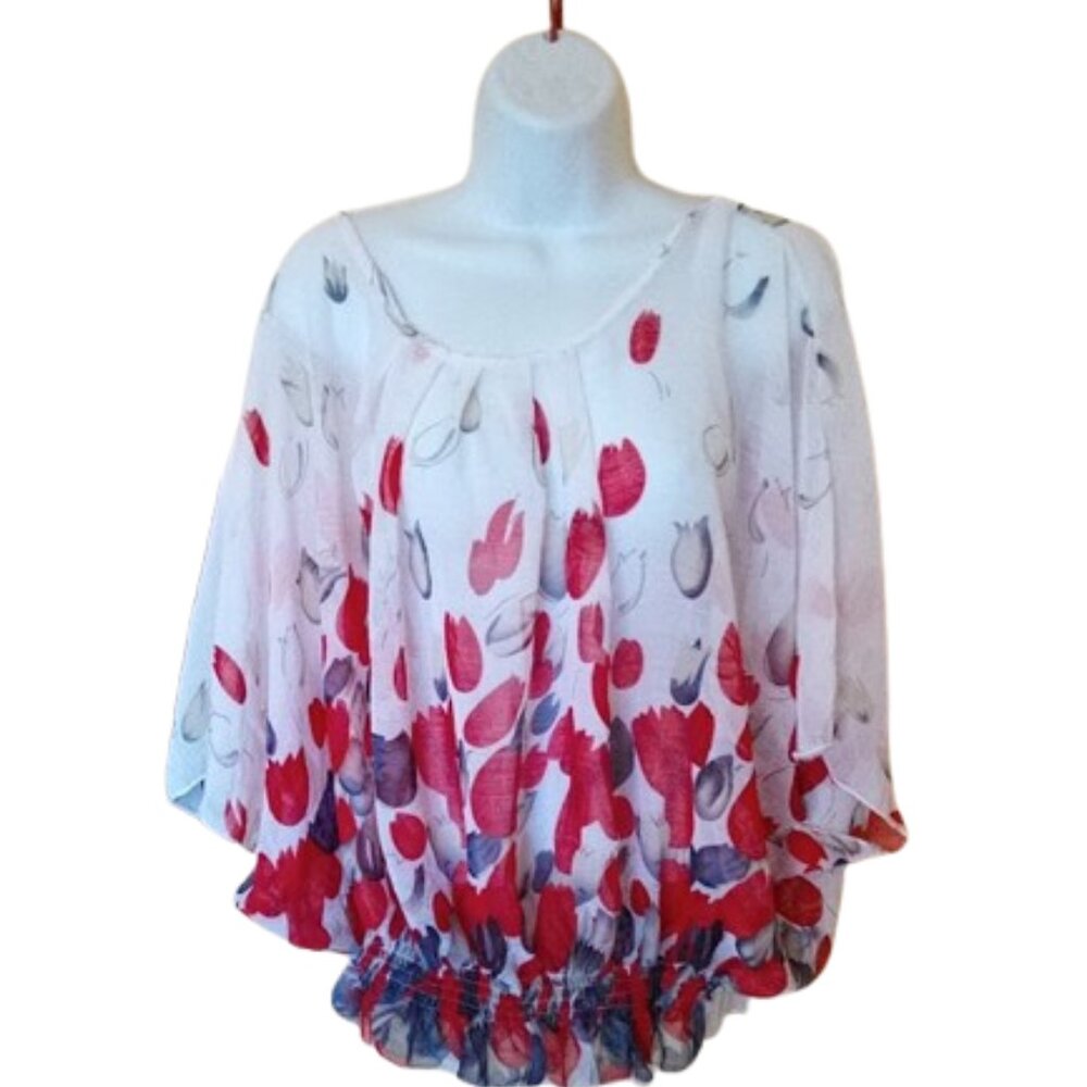 White and Red Blouse Top Blouse Size XL
